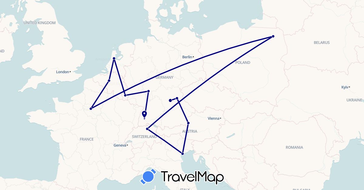 TravelMap itinerary: driving in Austria, Belgium, Switzerland, Germany, France, Italy, Luxembourg, Netherlands, Poland (Europe)